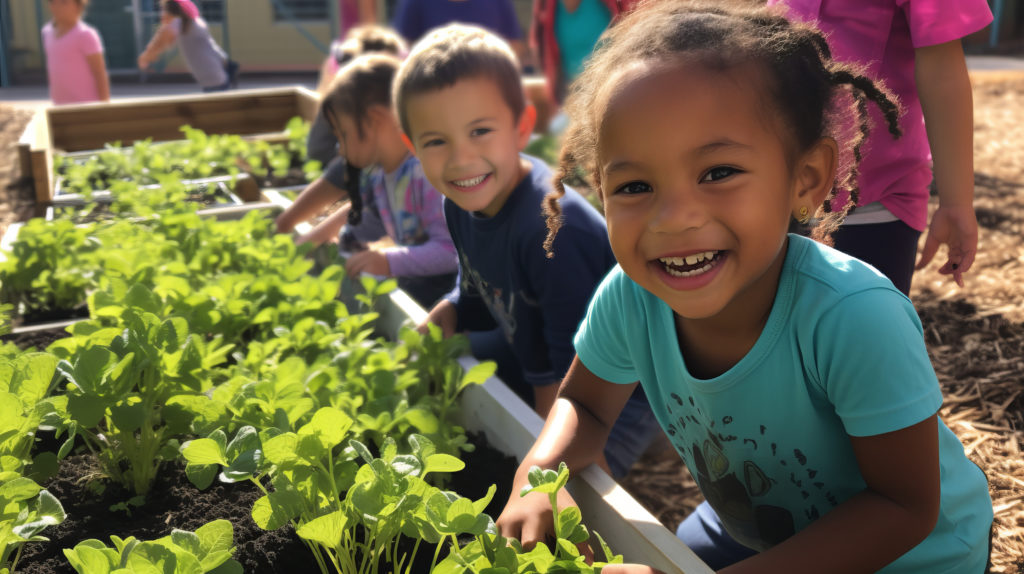 Three kindergarten-aged children smile at the camera as they garden at a raised bed.