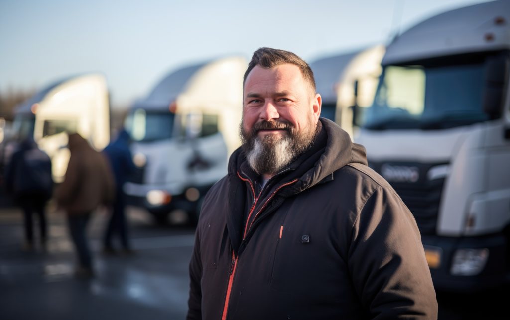 A white, male-presenting person wearing a winter coat smiles in front of a row of 18 wheel trucks.
